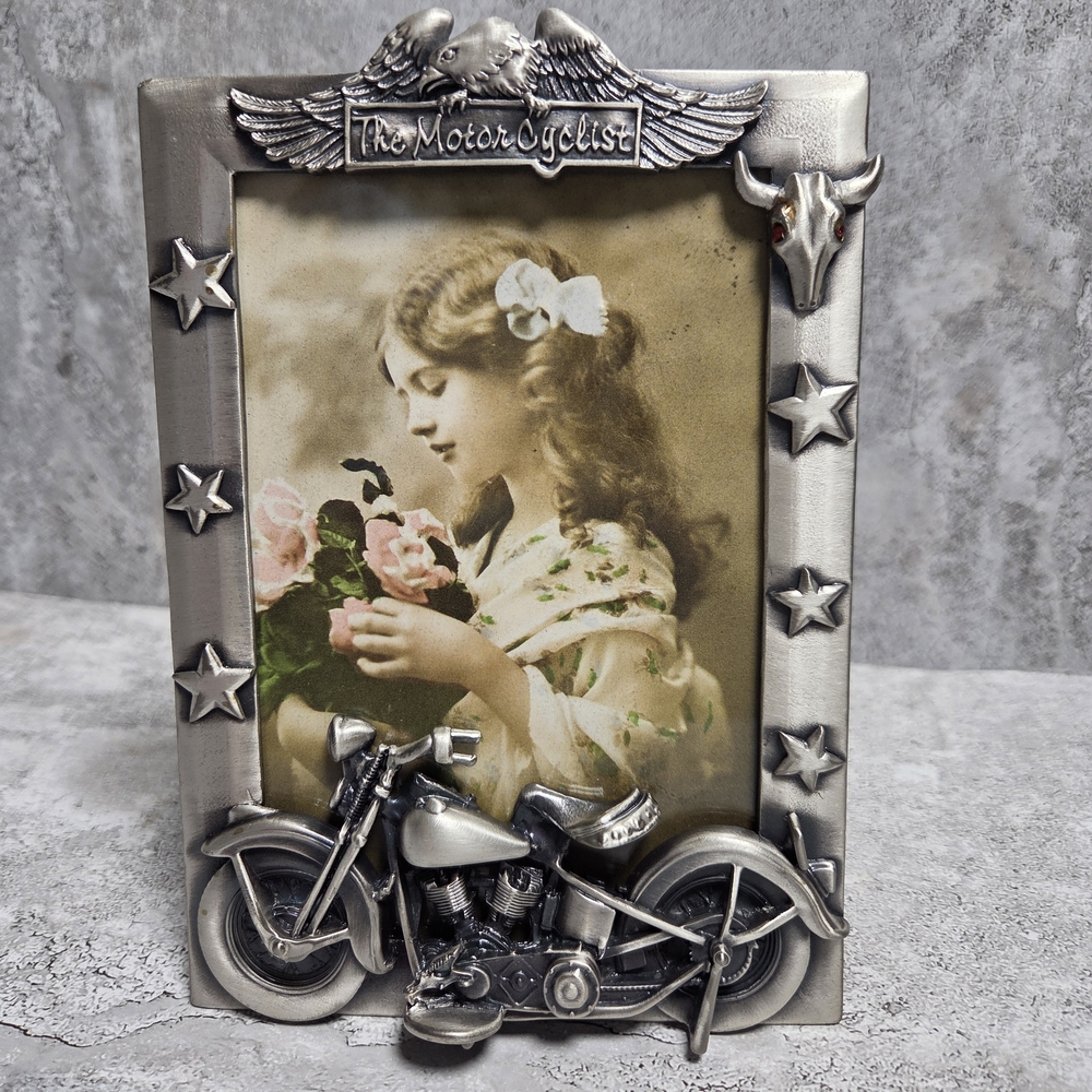 Vintage Pewter Motorcycle Biker Inspired Picture Frame Collectible 5x7